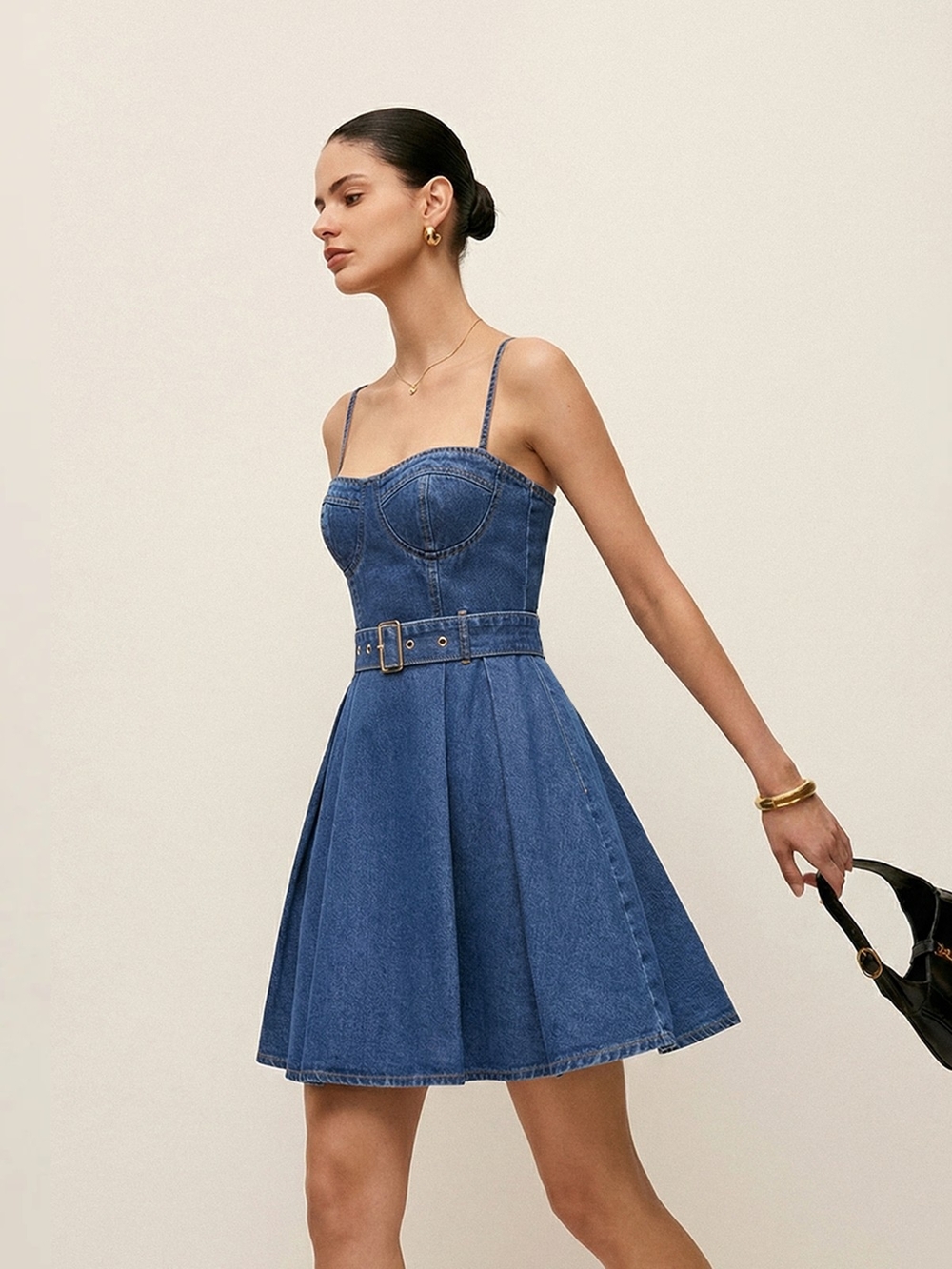 Commense Blue Denim Belted Mini Dress